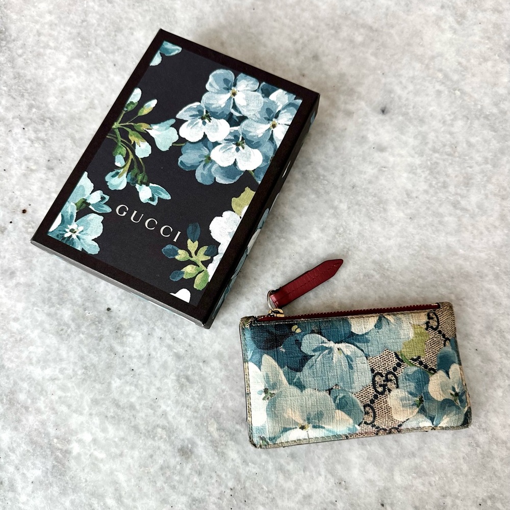 GUCCI GG Blooms blue floral red leather Card Wallet Case Coin Purse